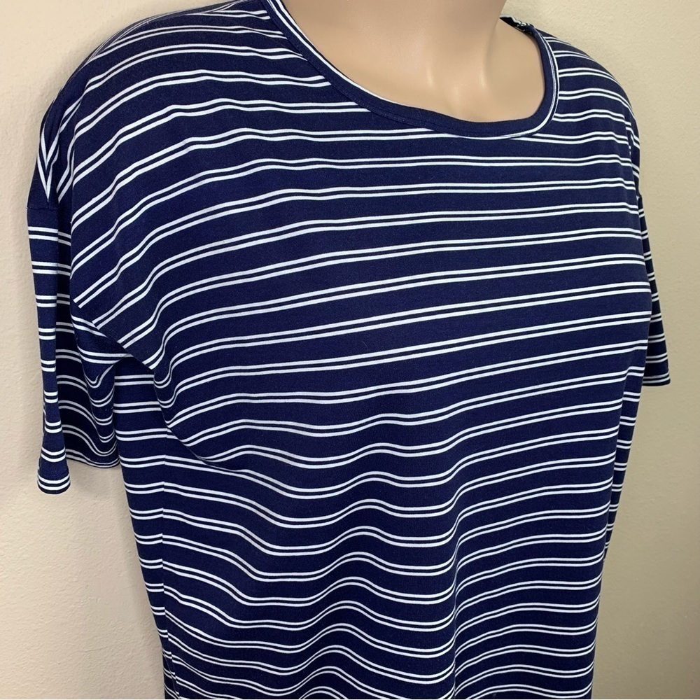 Large LuLaRoe Blue White Striped Tee Oversized Stretch Scoop Neck T Shirt - Picture 4 of 7